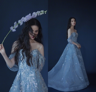 明星刘亦菲同款仙仙蓝色抹胸奢华钉珠名媛宴会酒会舞会晚礼服定制