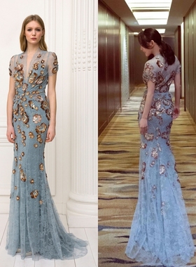 Marchesa灰蓝色仙仙花朵V领鱼尾连衣裙敬酒服年会晚宴生日晚礼服