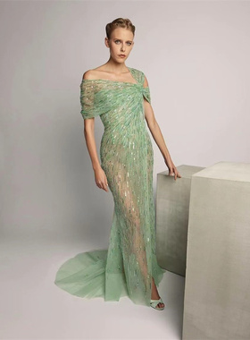 时尚高档绿色手工钉珠露肩修身名媛晚宴舞台走秀大型演出晚礼服