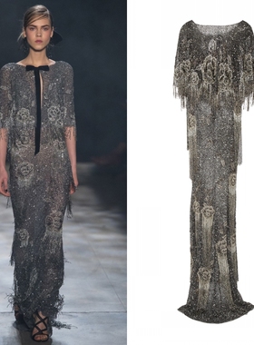Marchesa奢华重工钉珠深灰色披肩两件套宴会酒会庆功宴长裙晚礼服