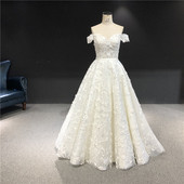 修身 新款 高档欧美蕾丝花朵抹胸一字肩短袖 显瘦新娘齐地跳舞主婚纱