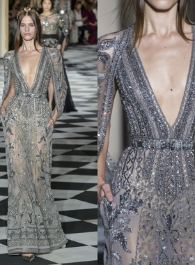 高端秋冬新款银灰色修身长款名媛生日宴会晚礼服新娘迎宾敬酒礼服