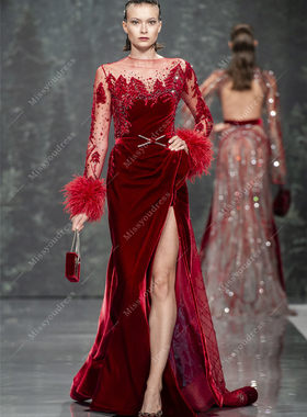 丝绒鸵鸟毛长袖侧开叉修身敬酒服