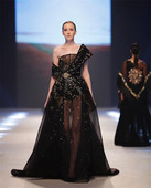 新款 时尚 舞台走秀黑色奢华钉珠抹胸气质单肩名媛晚礼服年会主持