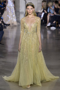 结婚敬酒服领口可提高时尚 奢华生日宴主持年会黄色长礼服 长水袖