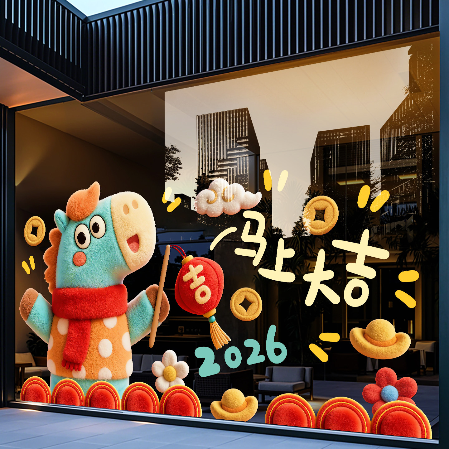2026马年玻璃贴纸新年装饰卡通静电门贴春节过年店铺橱窗布置窗贴,家居饰品,软装墙贴,淘宝优惠券,粉丝福利购,淘宝优惠卷