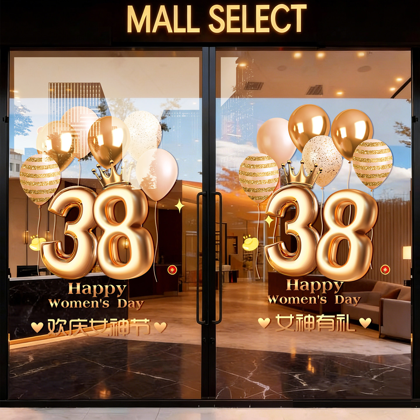 三八38女神节装饰金色气球玻璃贴纸商场店铺橱窗氛围场景布置窗花