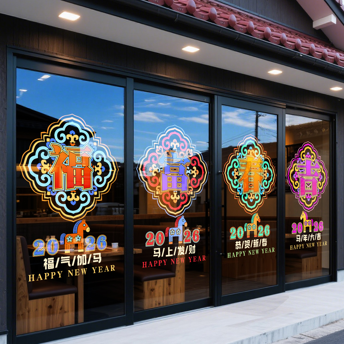 2026马年新年装饰窗花彩色中式福马酒店餐厅春节过年公司海报贴画图片