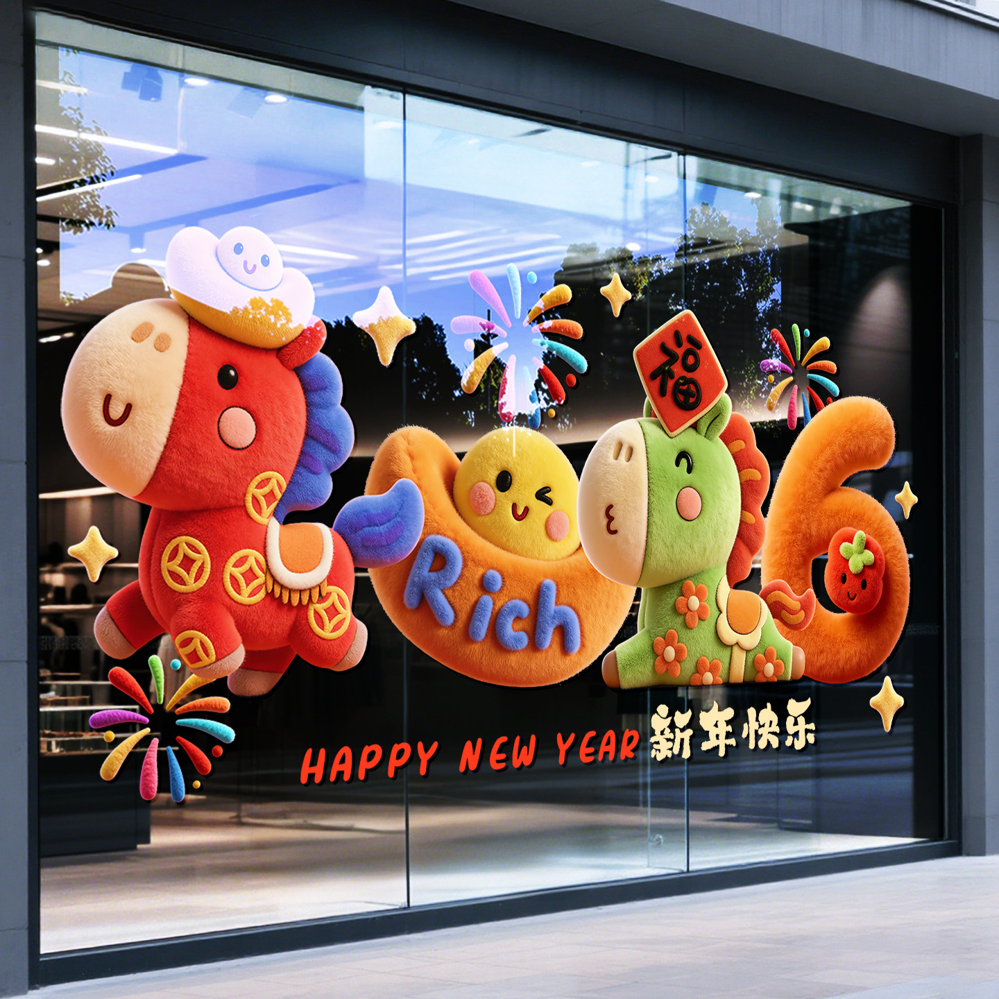 2026新年装饰横版大型马年卡通3D立体毛绒静电玻璃贴店铺橱窗布置,家居饰品,软装墙贴,淘宝优惠券,粉丝福利购,淘宝优惠卷