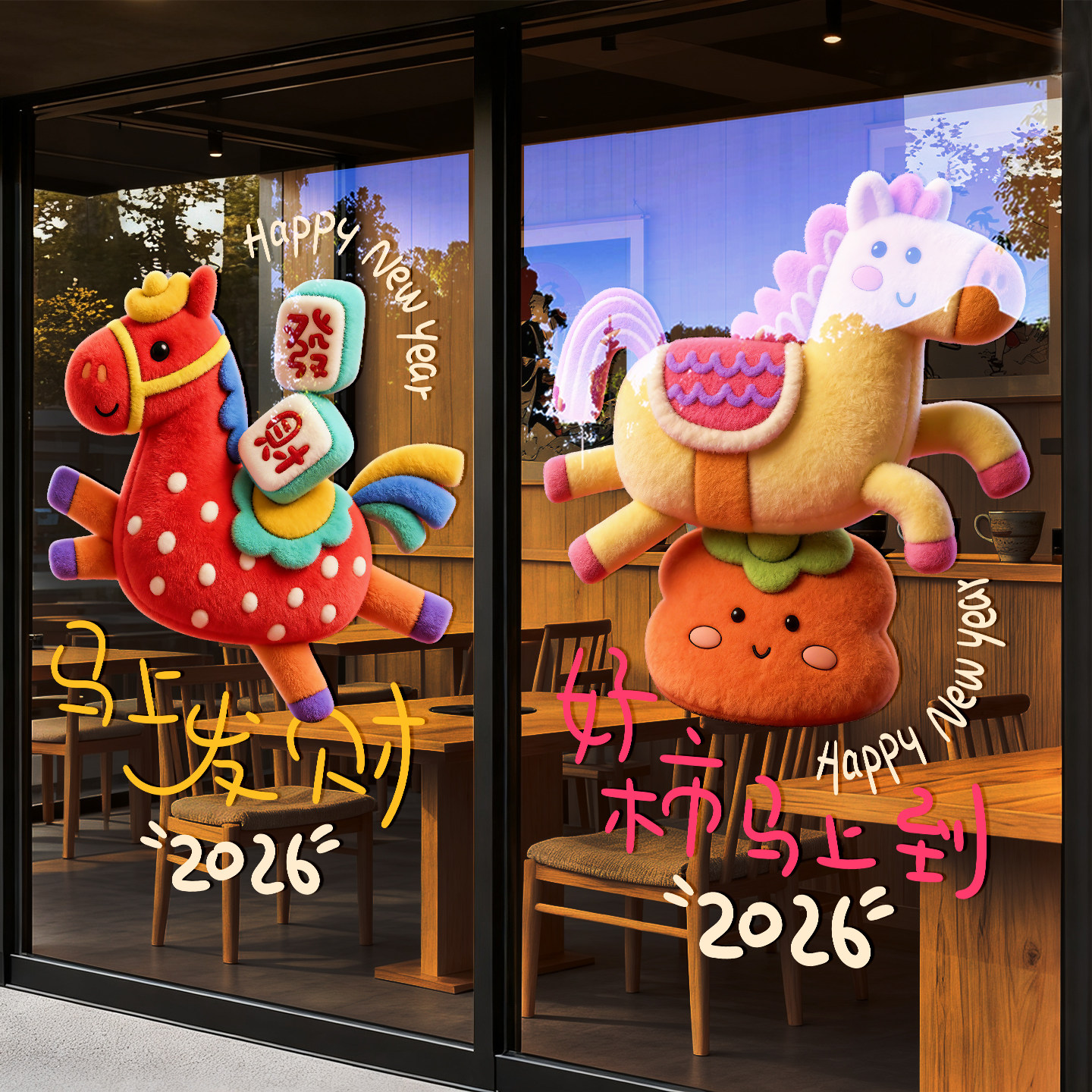 新年装饰马年毛绒窗贴纸玻璃贴2026可爱卡通萌马贴画店铺布置用品,家居饰品,软装墙贴,淘宝优惠券,粉丝福利购,淘宝优惠卷