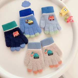 3-6岁挖土机儿童全指手套秋冬季单层薄款男童小男孩分指保暖手套
