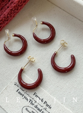 秋冬安可拉红色圆圈蚊香盘耳夹无耳洞女轻奢高级感耳圈复古耳饰