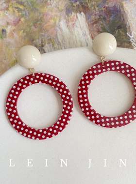 手作复古港风红色波点树脂圆环耳环蚊香盘耳夹女无耳洞夸张耳饰