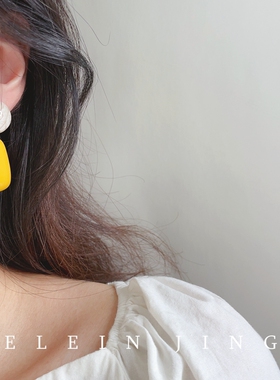 手作复古姜黄色几何树脂耳环气质港风小众百搭无耳洞蚊香盘耳夹