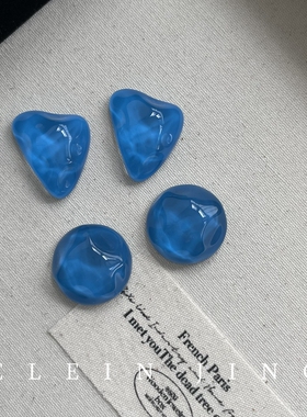 深蓝色水波纹树脂纯银耳钉蚊香盘耳夹小众ins港风复古无耳洞耳饰