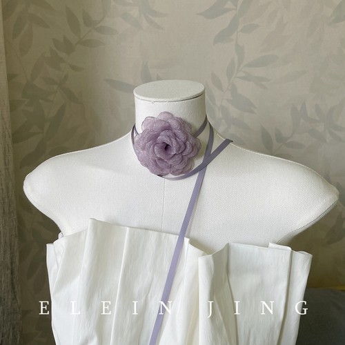 手作超仙香芋紫纱花花朵绑带choker颈带颈链拍照度假系带脖饰腰带