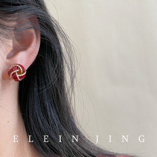 酒红法式复古同心结耳夹无耳洞小众高级感耳钉气质百搭耳饰