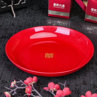 圆形塑料喜庆果盘喜字婚庆结婚糖果喜糖瓜子盘简约大号红色水果盘