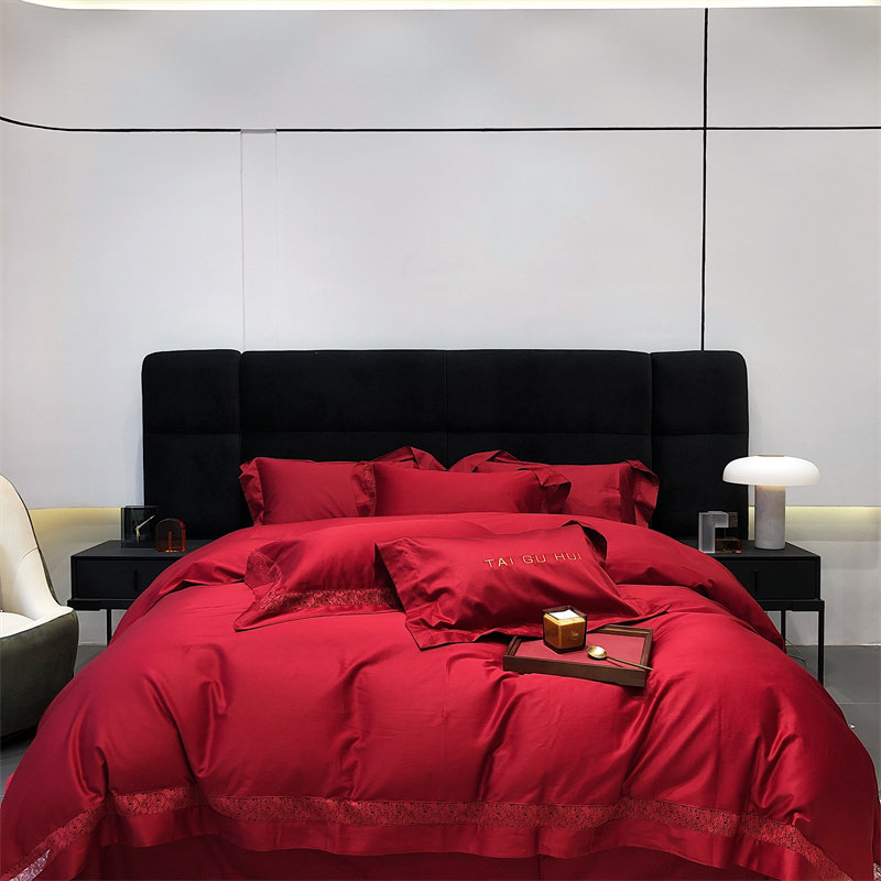 高级轻奢长绒棉婚庆四件套红色全棉100S贡缎结婚床上用品婚房新房