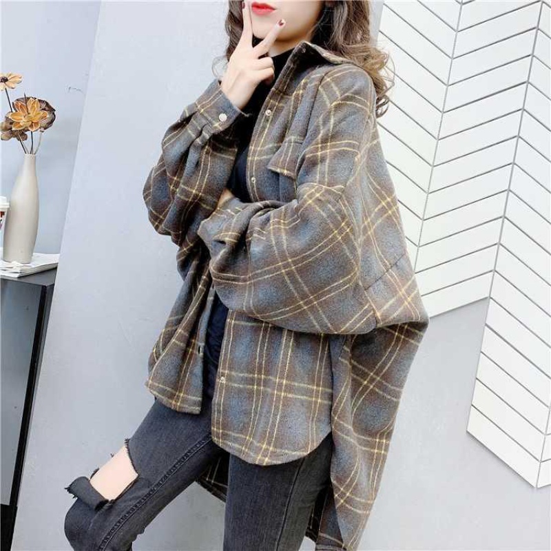 Lazy style sub shirt women's autumn and winter new mid long woolen fleece thick long sleeve