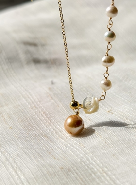 青岛饰品 OG Loc 天然养殖淡水珍珠 抽拉贝壳玫瑰项链