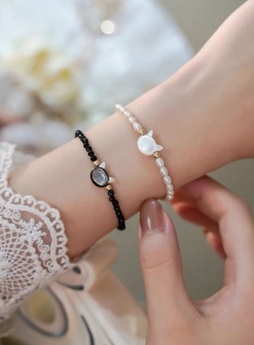 新款清新黑白色猫咪14包金手链可