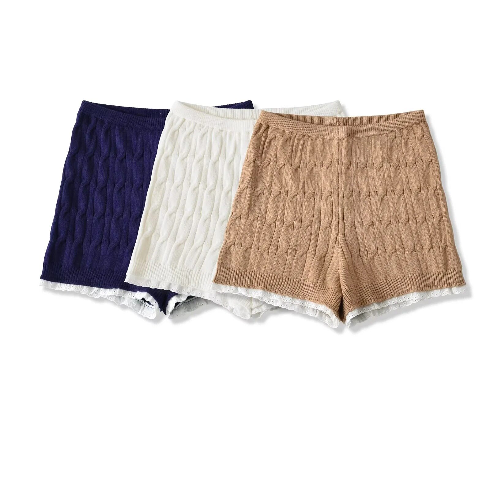 甜辣感高腰麻花针织短裤女秋冬季拼接蕾丝裤脚显瘦包臀热裤