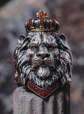 纯银925个性精雕霸气狮子开口男食指指环泰银宽面星座狮子座戒指