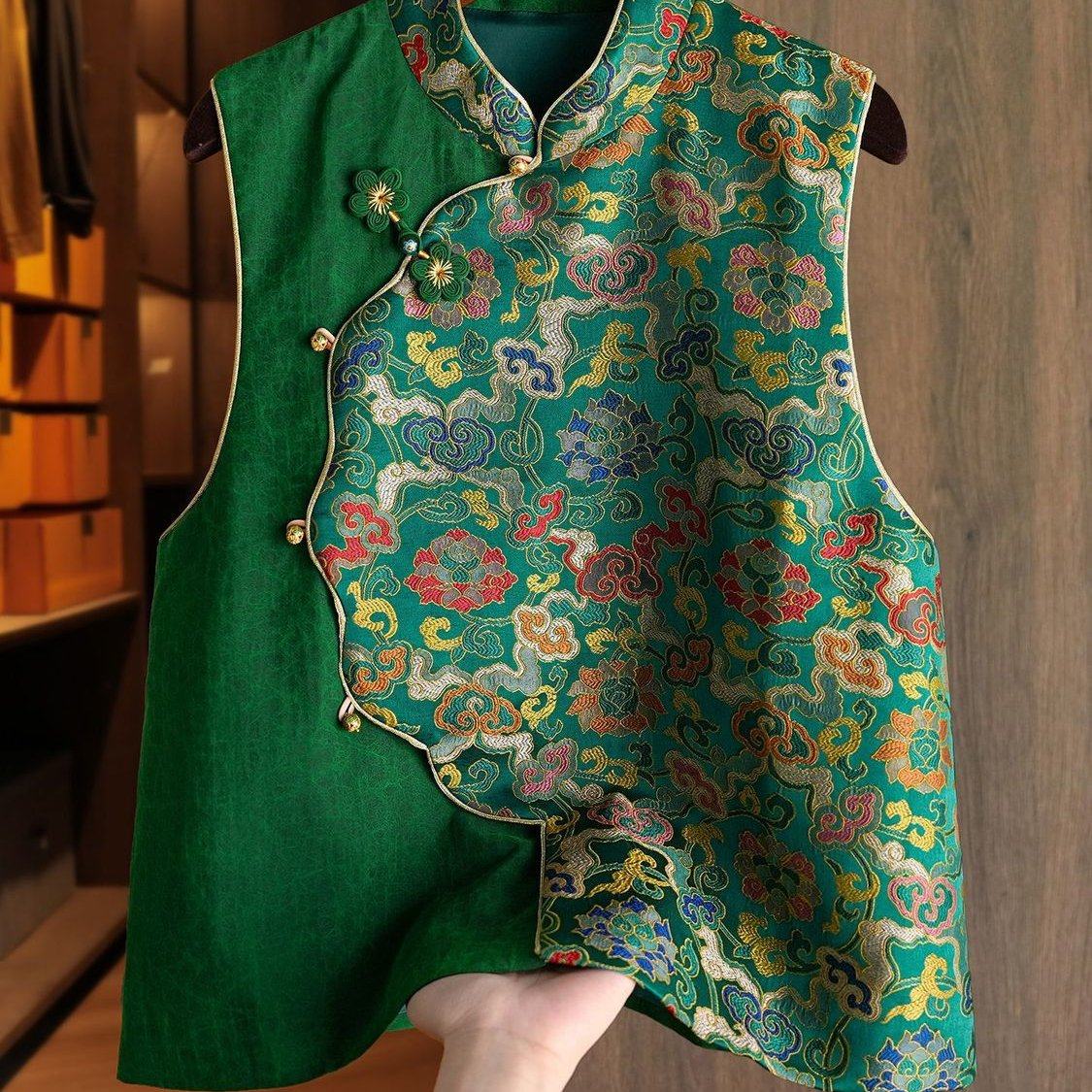 2025秋季新中式提花马甲女复古撞色拼接超好看搭配洋气坎肩上衣潮,女装/女士精品,马夹,淘宝优惠券,粉丝福利购,淘宝优惠卷