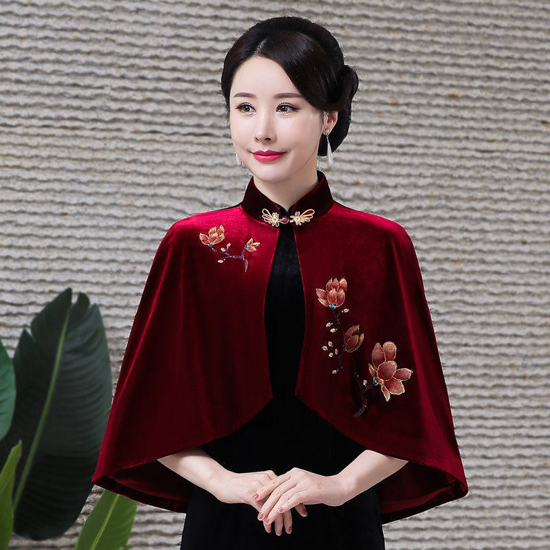 旗袍婆婆披肩金丝绒金丝绒刺绣