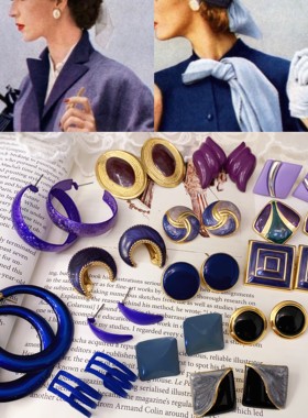 vintage优雅蓝紫色珐琅耳钉 西洋欧美镀金几何90年耳夹小众首饰品