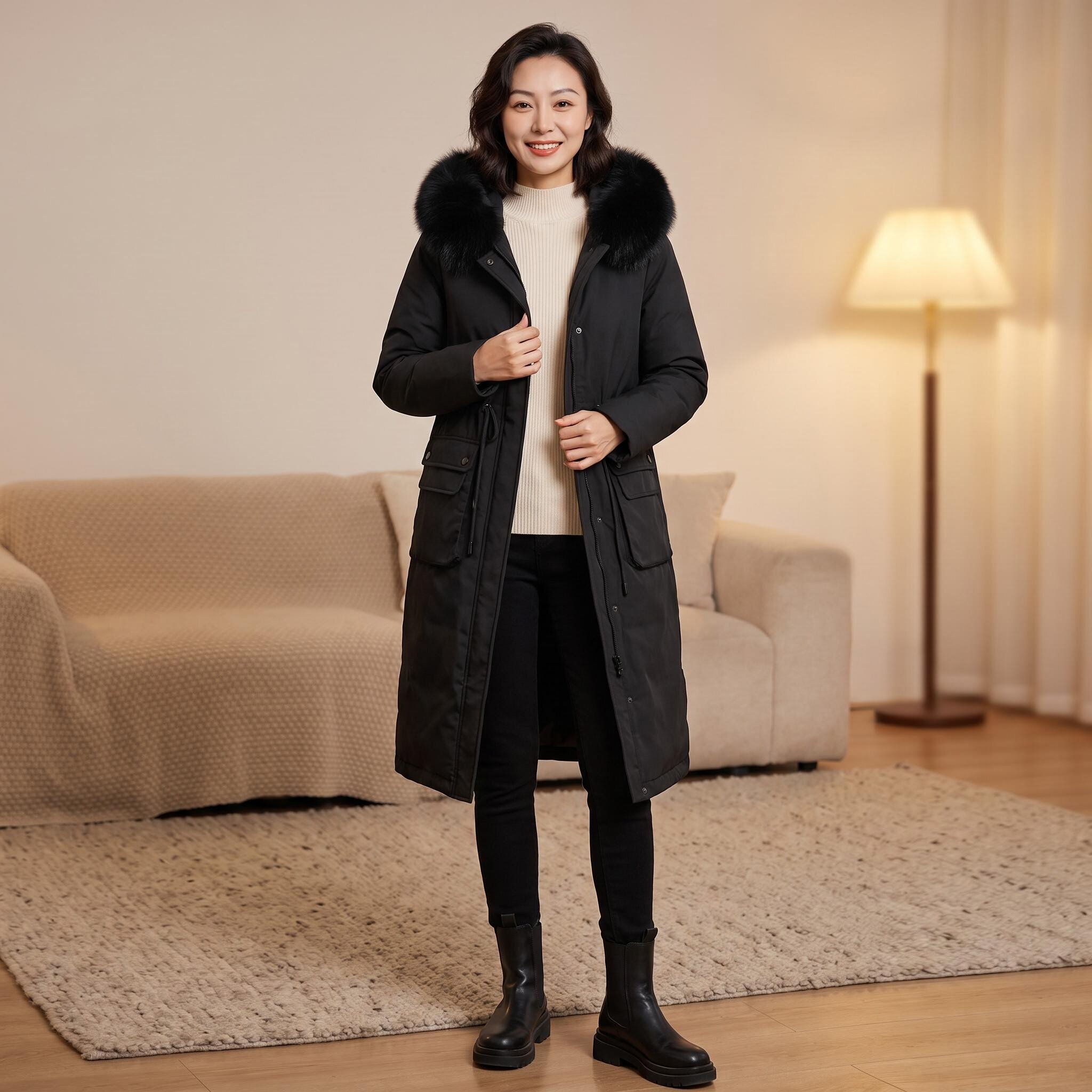 唐羽羽绒服中长款修身收腰貉子毛连帽保暖外套