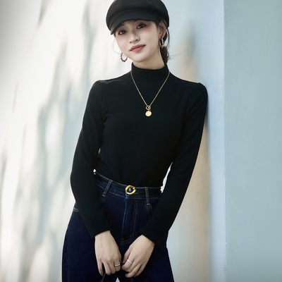 小个子黑色美丽诺羊毛打底衫上衣