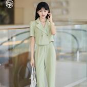 裤 休闲西装 套装 女夏季 0614 小个子浅绿色不对称设计短袖 时尚 西装