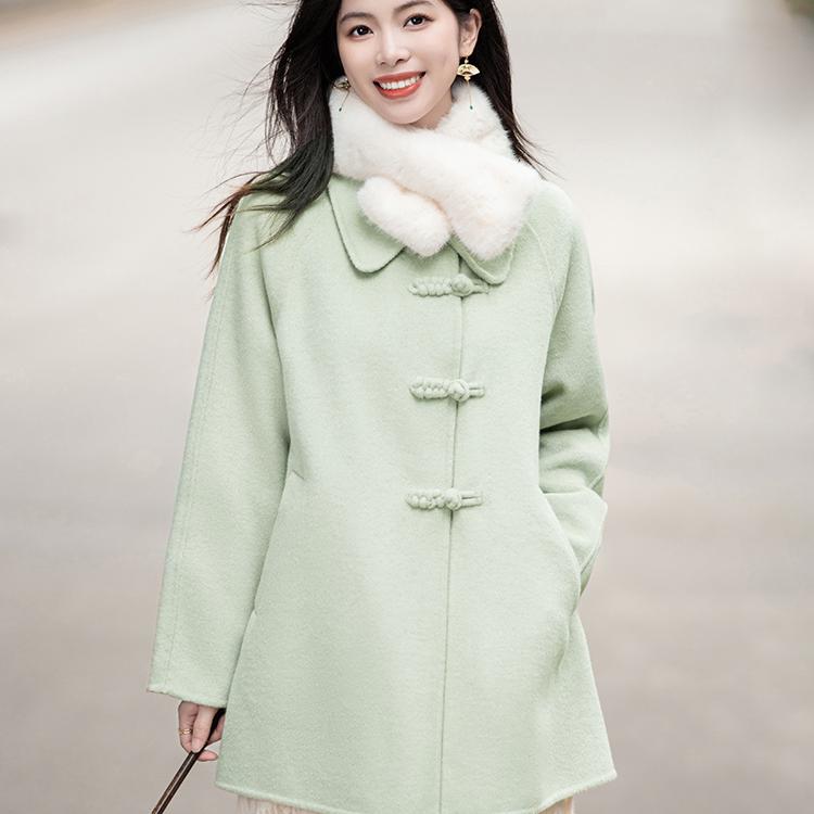 柒量一裁小个子浅绿色新中式盘扣双面毛呢羊毛外套女秋冬大衣1776
