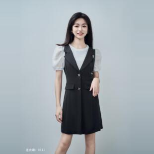 柒量一裁小个子黑白色拼接假两件西装泡泡袖短袖连衣裙女夏款0611