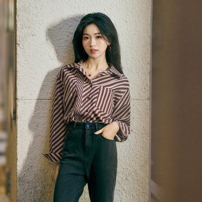 复古横条休闲长袖衬衫百搭