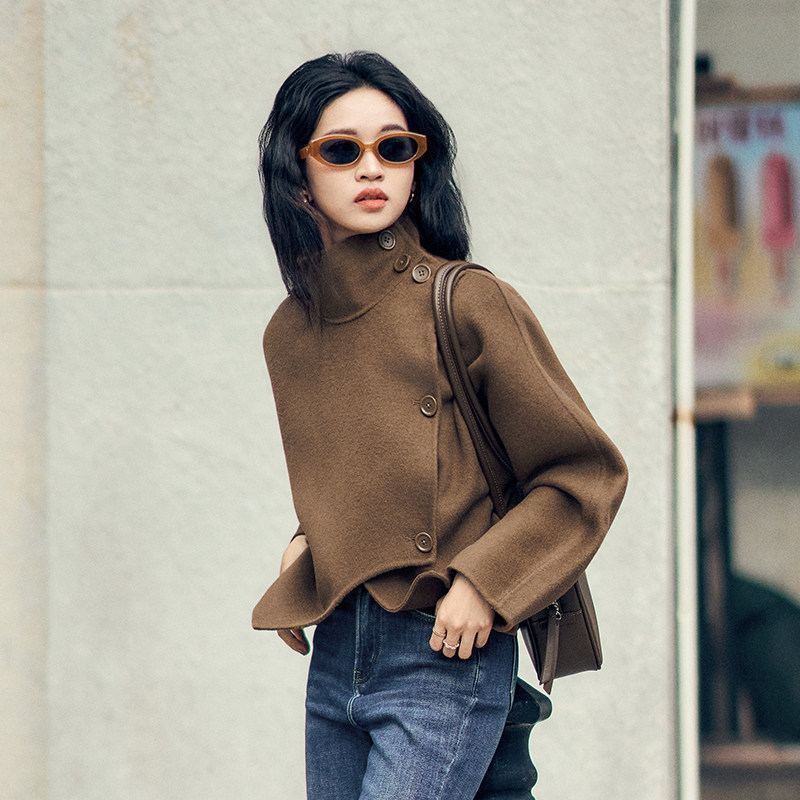 柒量一裁小个子卡其色毛呢外套深冬独特超好看外套大衣外套女3076