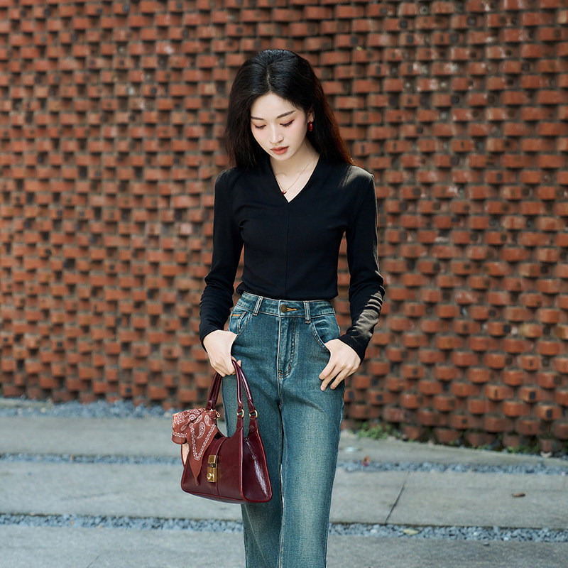 柒量一裁小个子早秋黑色V领上衣女修身显瘦打底衫简约百搭1287,女装/女士精品,T恤,淘宝优惠券,粉丝福利购,淘宝优惠卷