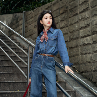 大柒 显瘦蓝色牛仔衬衫 小个子女装 百搭修身 翻领1188 时尚