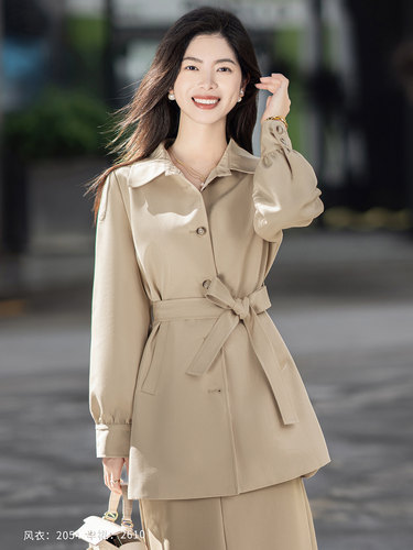 小个子浅卡其中长款风衣外套女秋