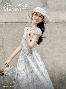 柒量一裁小个子法式田园风蓝色方领连衣裙复古优雅收腰夏长裙0850