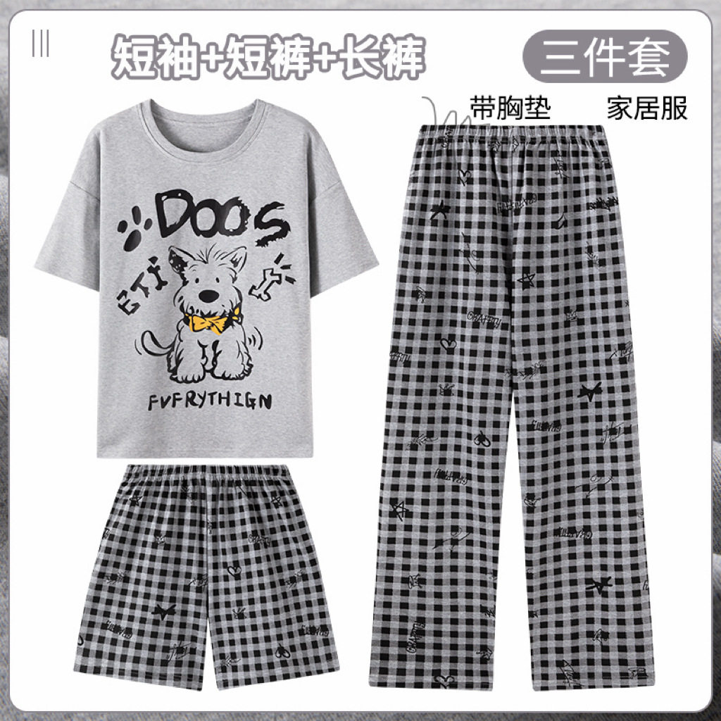 夏季棉质带胸垫三件套睡衣图片