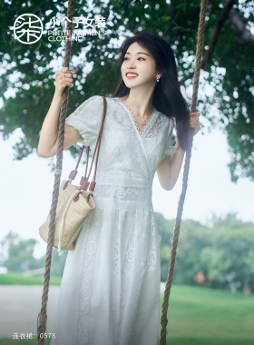 柒量一裁小个子法式白色蕾丝长裙女夏收腰温柔连衣裙大柒0578