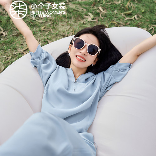 柒量一裁小个子韩系蓝色连帽卫衣外套+松紧腰休闲裤两件套装0240