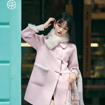 小个子浅粉色中长款双面呢外套女