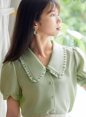 柒量一裁小个子绿色娃娃领法式泡泡袖短袖雪纺衬衫女夏款时尚0762