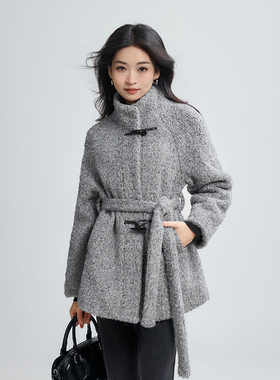 柒量一裁小个子灰色羊羔毛牛角扣外套女保暖系带中长款大衣3171