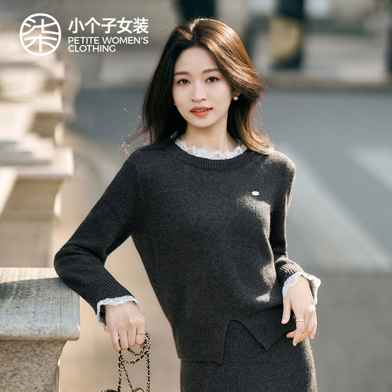 柒量一裁绵羊毛小个子毛衣今年新款蕾丝边圆领毛织上衣3971