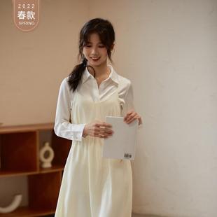 春秋新款 小個(gè)子杏色束腰連衣裙溫柔風(fēng)純色可調(diào)節(jié)顯瘦裙子女0182